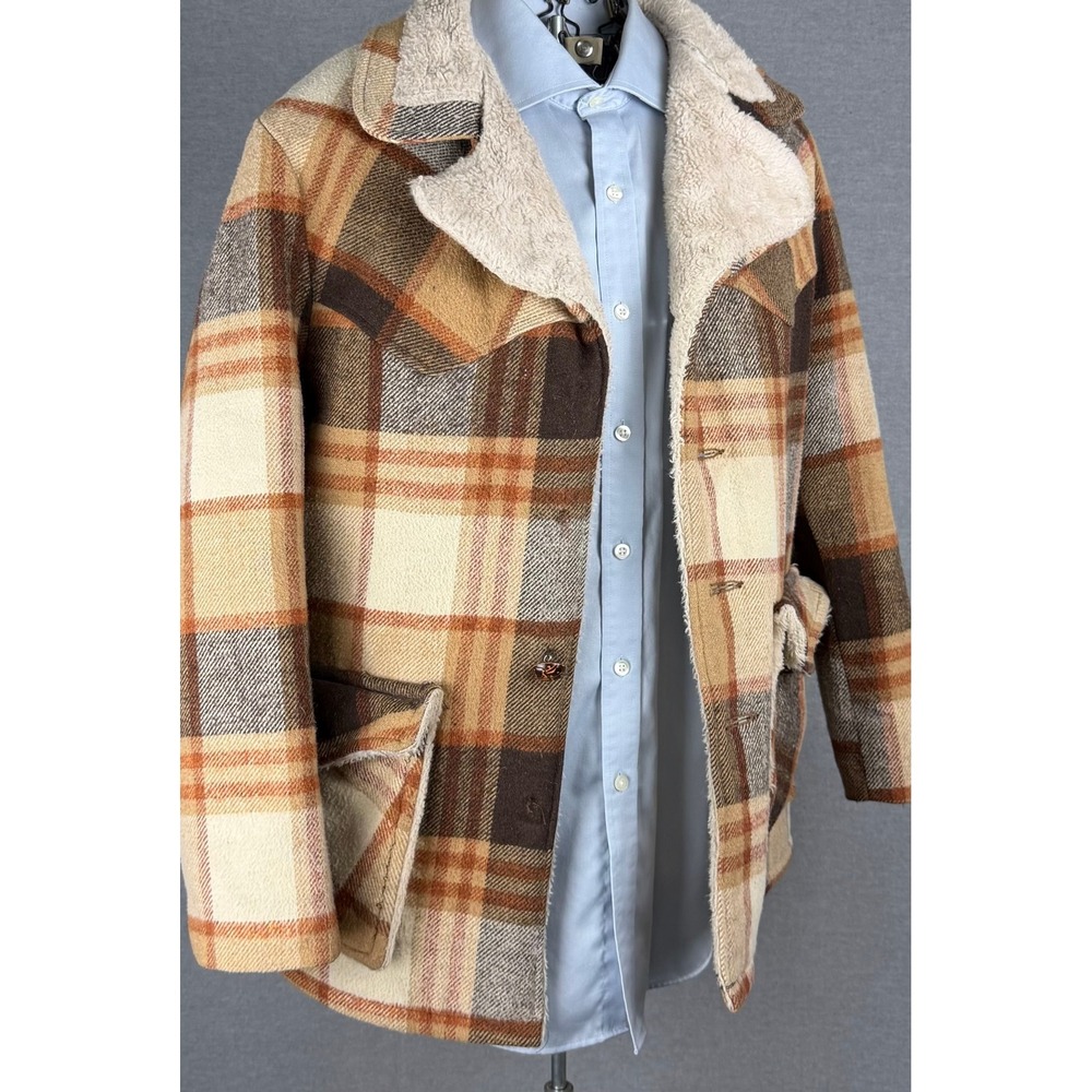 Vintage Schott Bros Rancher Plaid Wool Western Coat Faux Shearling Lined Brown